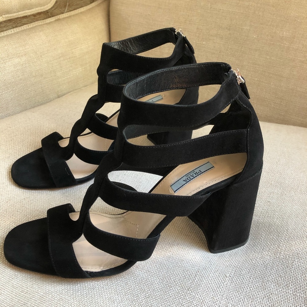 Prada Sandals Caged Block Heels Black Suede Zipper - Picture 2 of 7